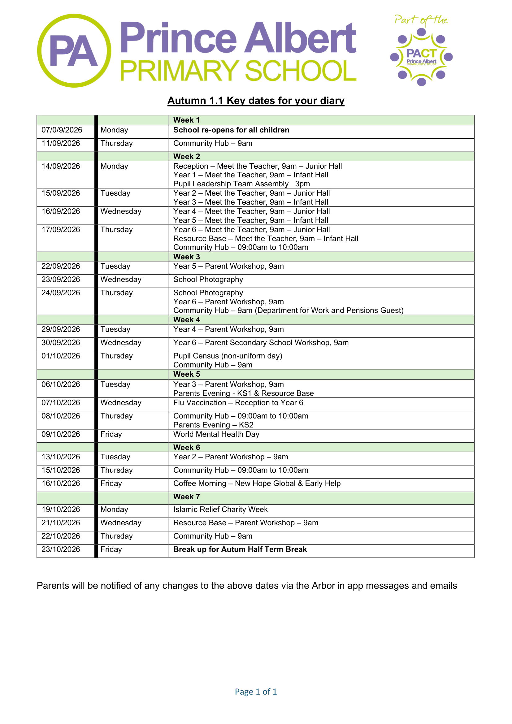 Key Events Calendar Autumn 1.1. 2026 1