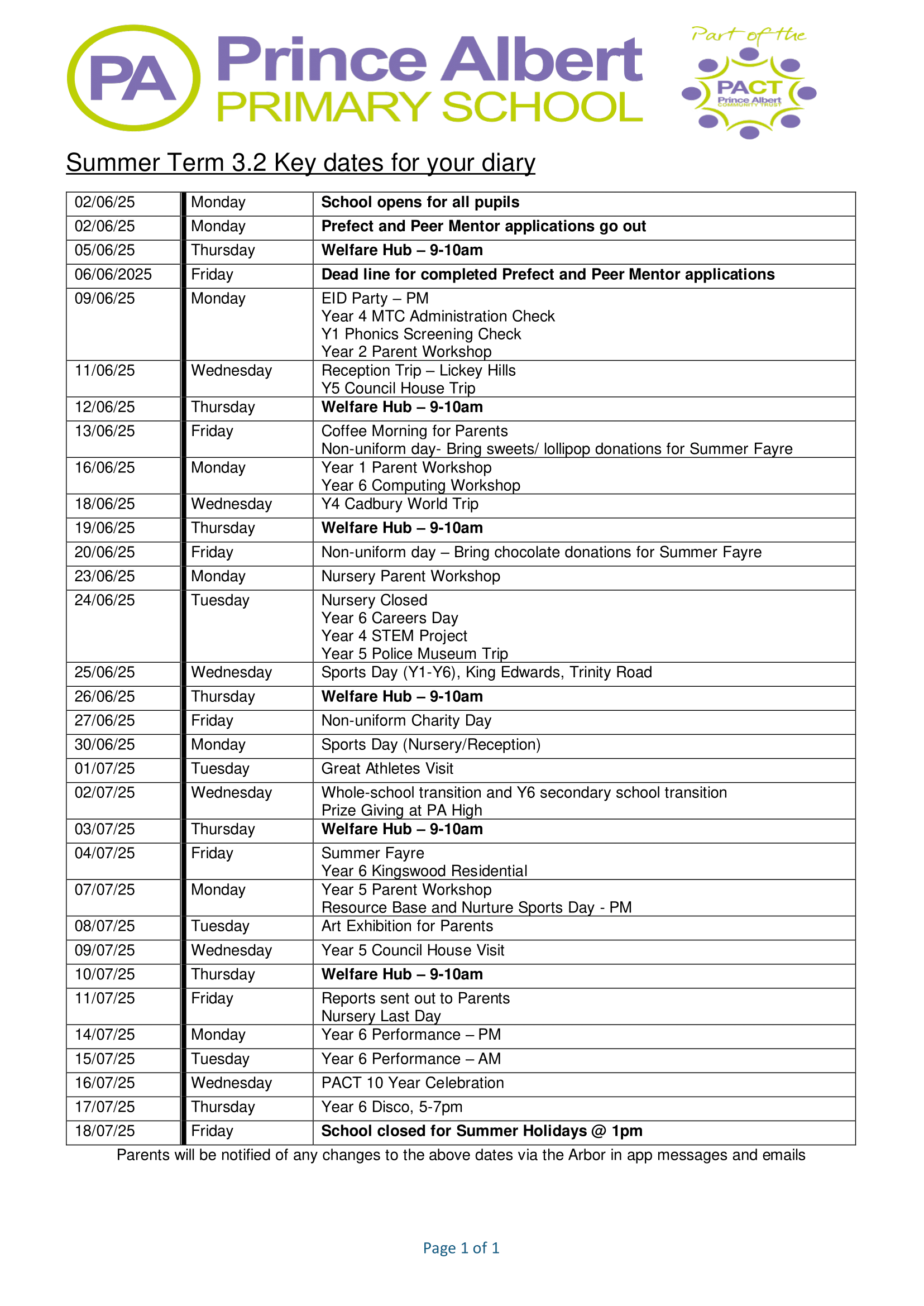 Key Events Calendar Summer Term 3.2 2025 