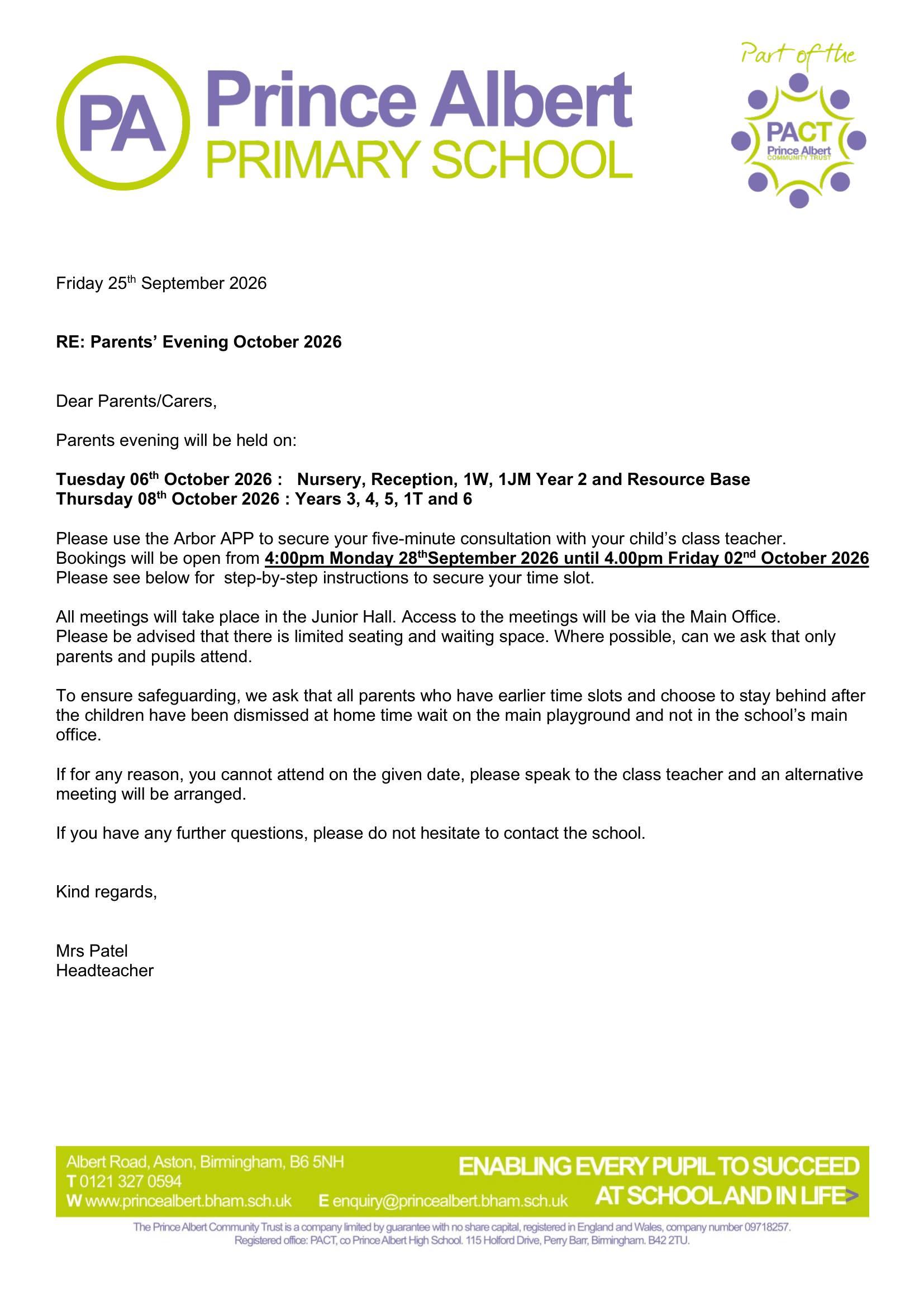 Parents Evening letter 1