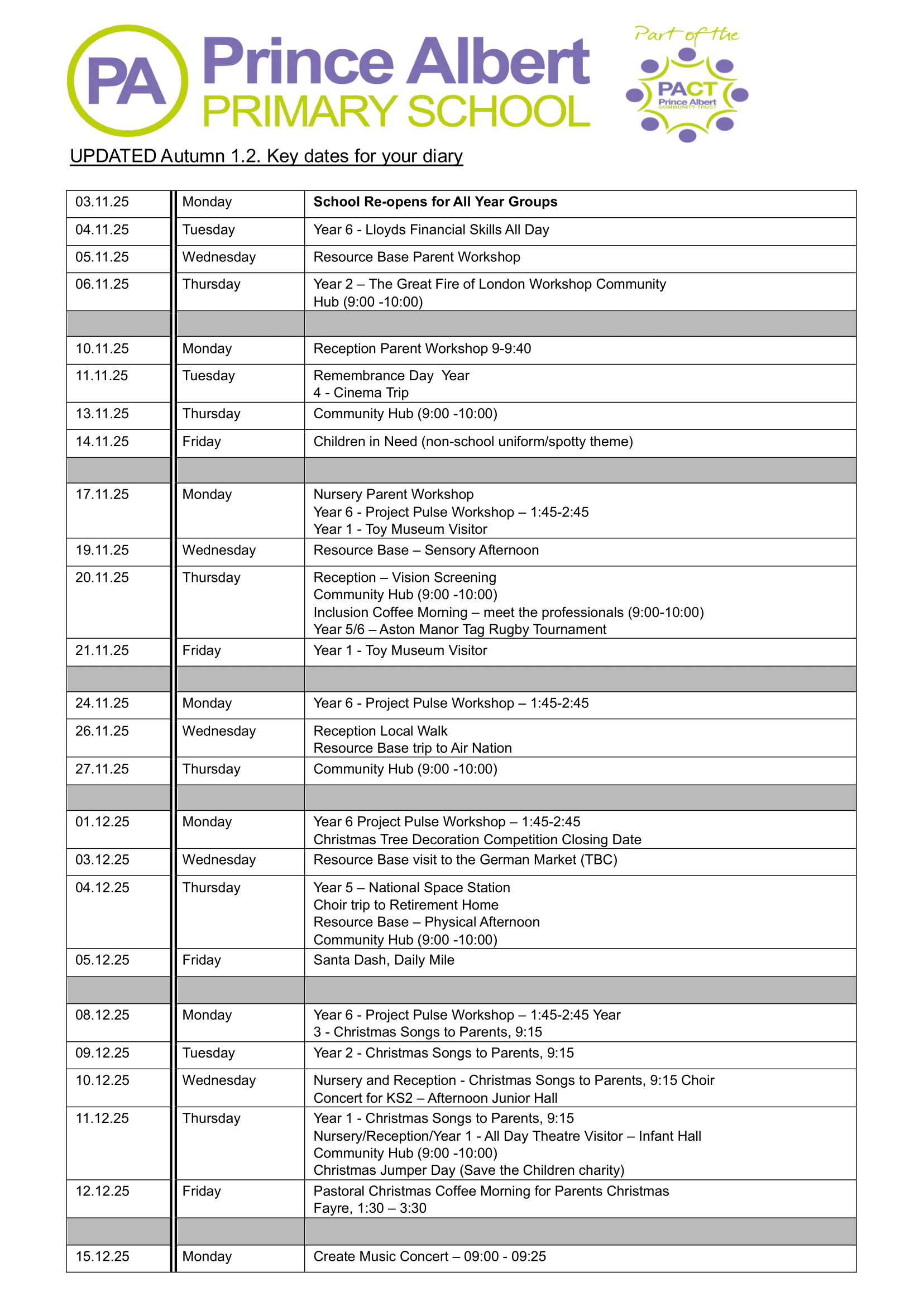 UPDATED Key Events Calendar Autumn 1.2. 2025 1