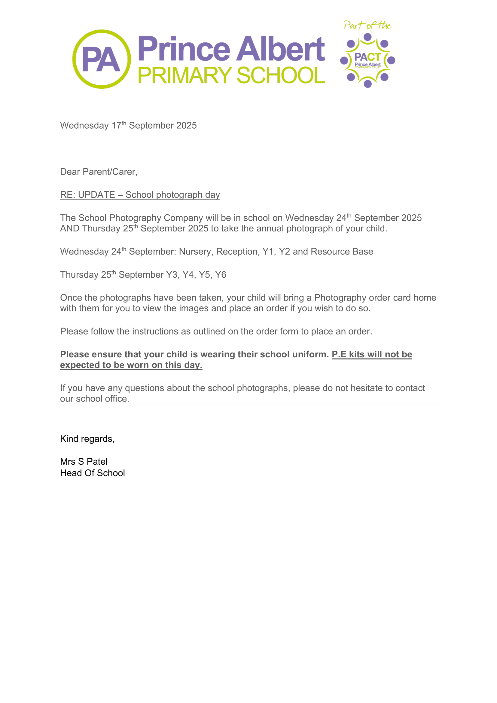Updated School photographer letter
