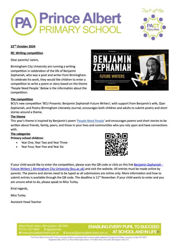 Benjamin Zephaniah competition letter