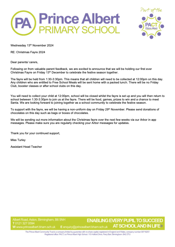 Christmas Fayre Initial letter to parents