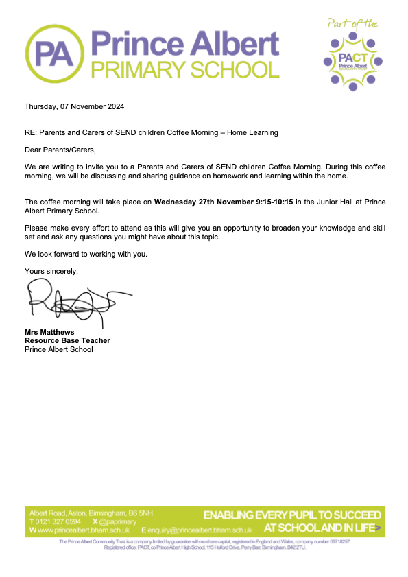 SEN Coffee Morning Letter 27.11.24 