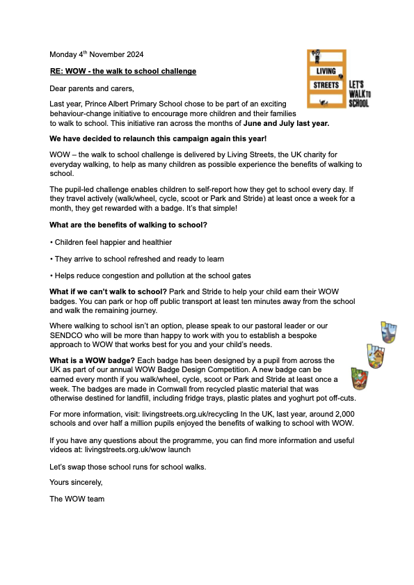 WOW Walk to School Challenge Letter Nov 24
