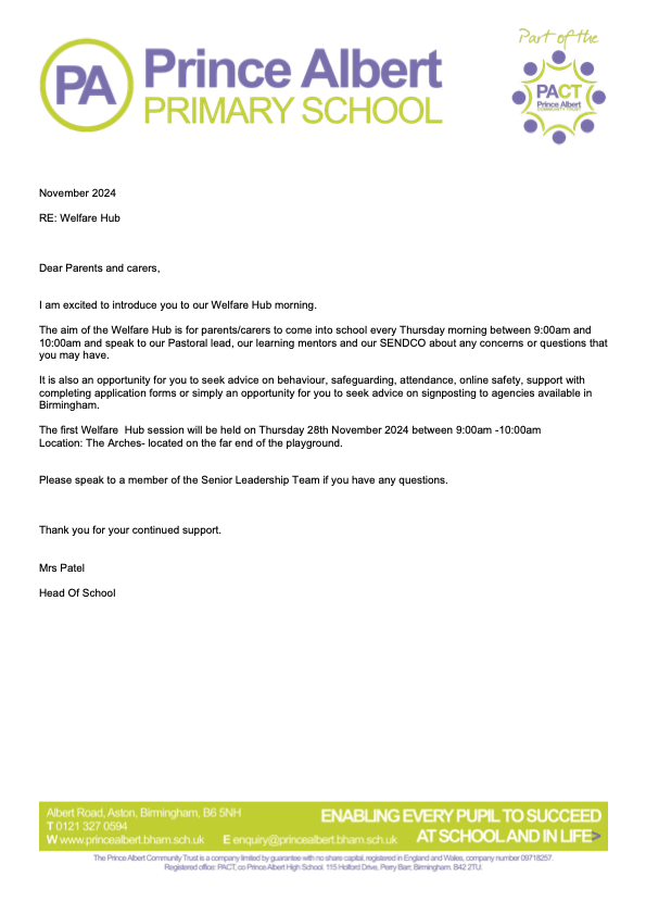 Welfare hub letter